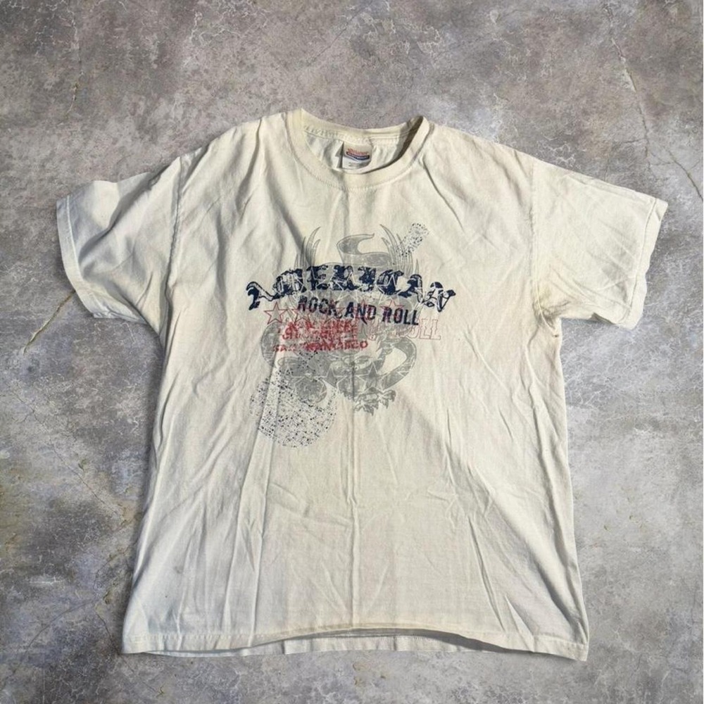 Vintage Y2K Denim Rock & Roll Graphic T-Shirt Grunge Biker Skull Distressed Tee